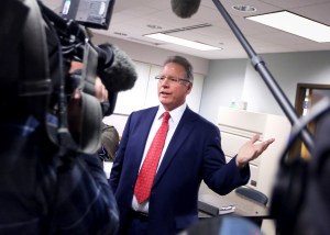 Wisconsin Elections Commission Chair Mark Thomsen addresses members of the media regarding a requested recount of the state's presidential election results following a meeting of the commission in Madison, Wis. Monday, Nov. 28, 2016. (John Hart/Wisconsin State Journal via AP)