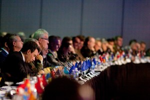 Military leaders with NATO's Allied Command Transformation listen attentively to a conference panel on technology at NATO ACT's annual conference in Norfolk, Virginia on Dec. 14, 2016 in the Norfolk Marriott hotel in downtown Norfolk.