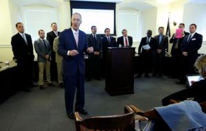 James V. Coch, president emeritus of Strome College of Business at Old Dominion University, foreground, speaks during a press conference in the State Capitol in Richmond, Va., Tuesday, Jan. 17, 2017, arranged by Sen. Bill DeSteph, R-VA Beach, far right, that featured legislators from both parties which addressed the high cost of higher education in Virginia. (Bob Brown/Richmond Times-Dispatch via AP)
