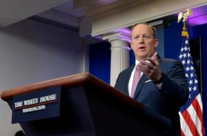 White House press secretary Sean Spicer speaks during the daily briefing at the White House in Washington, Monday, Jan. 23, 2017. Spicer answered questions about prescriptions drug costs, trade, President Donald Trump's schedule among other topics. (AP Photo/Susan Walsh)