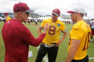 FILE - In this July 29, 2016, file photo, Washington Redskins quarterback coach Matt Cavanaugh, left, talks with Redskins quarterbacks Kirk Cousins (8) and Colt McCoy, right, at the NFL football team's training camp in Richmond, Va. The Washington Redskins promoted Cavanaugh to offensive coordinator and Greg Manusky to defensive coordinator.  (AP Photo/Steve Helber, File)