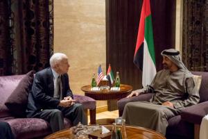 In this Wednesday Feb. 22, 2017, photo released by Emirates News Agency, WAM, Sheikh Mohamed bin Zayed Al Nahyan Crown Prince of Abu Dhabi and Deputy Supreme Commander of the UAE Armed Forces, right, meets with John McCain, Senator of the United States of America and Chair of the Senate Armed Services Committee at Al Shati Palace, Abu Dhabi, United Arab Emirates. (Rashed Al Mansoori/Crown Prince Court via AP)