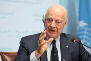 UN Special Envoy of the Secretary-General for Syria Staffan de Mistura informs the media one day before the resumption of the negotiation between the Syrian government and the opposition, at the European headquarters of the United Nations in Geneva, Switzerland, on Wednesday, Feb. 22, 2017. Martial Trezzini/Keystone via AP)