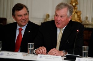 Emerson Electric CEO David Farr listens at left as Caterpillar CEO Doug Oberhelman speaks during a meeting with President Donald Trump and manufacturing executives at the White House in Washington, Thursday, Feb. 23, 2017. (AP Photo/Evan Vucci)