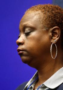 Sonia Adams tears up as people talk about her mentally ill son Jamycheal Mitchell who died in the Hampton Roads Regional Jail. During the Wednesday, Jan. 18, 2017 press conference in the General Assembly Building in Richmond, Va., legislators spoke about bills to prevent deaths like Jamycheal's from happening in Virginia jails. (Alexa Welch Edlund/Richmond Times-Dispatch via AP)