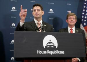 House Speaker Paul Ryan of Wis., joined by Rep. Scott Tipton, R-Colo., meets with reporters on Capitol Hill in Washington, Tuesday, Jan. 31, 2017, following GOP strategy session. Ryan gave a strong defense of President Donald Trump's refugee and immigration ban to caucus members and said he backs the order, which has created chaos and confusion worldwide. (AP Photo/J. Scott Applewhite)