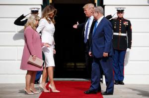 President Donald Trump and first lady Melania Trump greet Israeli Prime Minister Benjamin Netanyahu and his wife Sara at the White House in Washington, Wednesday, Feb. 15, 2017. (AP Photo/Evan Vucci)