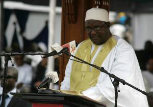 In this photo taken on Saturday, Feb. 18, 2017, Gambia President Adama Barrow speaks during his inauguration ceremony in Banjul, Gambia. As Gambia enters a new era of democracy, President Adama Barrow has reiterated his commitment to ending human rights abuses in the country. (AP Photo/ Kuku Marong)