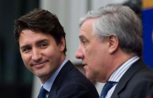 Canadian Prime Minister Justin Trudeau smiles as he listens to the President of the European Parliament, Antonio Tajani, right, respond to a question during a joint news conference at the European Parliament in Strasbourg, France, Thursday, Feb. 16, 2017. (Adrian Wyld/The Canadian Press via AP)