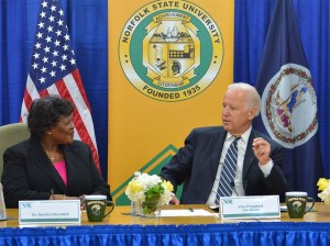 Dr. Sandra DeLoatch speaks with Vice President Joe Biden about cybersecurity initiatives at Norfolk State University. Photo from NSU Communications and Marketing.