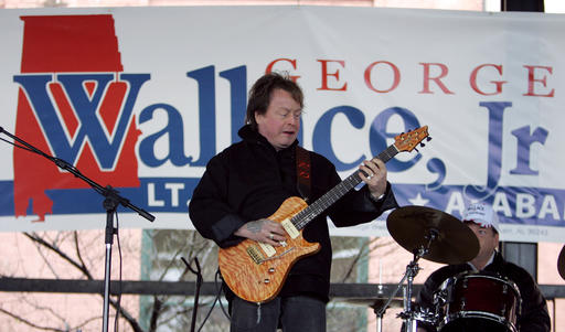 FILE - In this Feb. 18, 2006 file photo, Rick Derringer performs during a campaign rally kicking off George Wallace Jr's bid for the office of lieutenant governor in Montgomery, Ala.  Prosecutors say  Derringer carried a loaded gun in his carry-on bag on a Delta Air Lines flight from Cancun, Mexico, but was stopped after landing in Atlanta.  Derringer was charged with unlawfully entering an airport’s secure area Jan. 9, 2017. His representatives didn’t immediately return multiple calls and emails.  (AP Photo/Rob Carr)